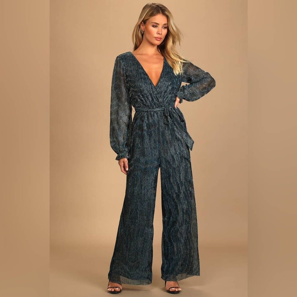 Made to Mingle Teal Metallic Long Sleeve Wide-Leg Jumpsuit